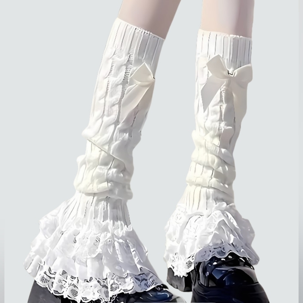 White Lace Bow Frilly Leg Warmers Boot Cuffs Ruffle Socks Lolita Kawaii